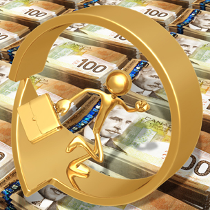 A businessman running in a circle arrow on cash.