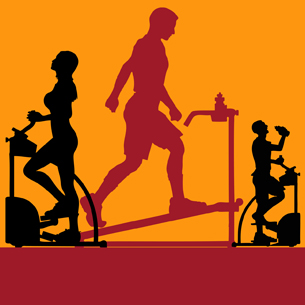 Three people exercising in a fitness centre.