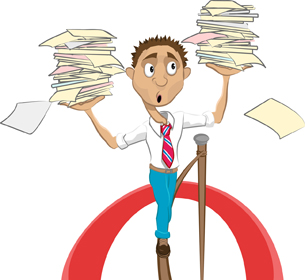 This cartoon shows a person balancing a stack of paper in each hand while walking a tightrope.