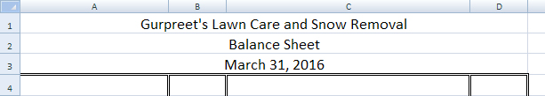This image shows the heading on a balance sheet for Gurpreet’s Lawn Care and Snow Removal.
