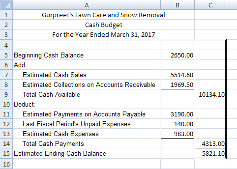 This picture shows the answer to Gurpreet’s cash budget.