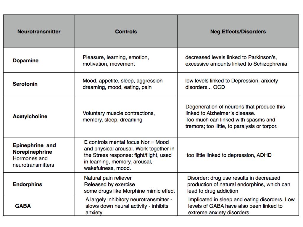 Neurotransmitter chart