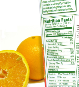 This photo shows a juice carton. The labelling shows the volume in mL. 