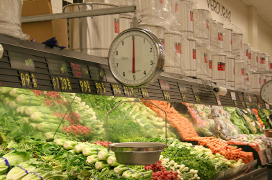 This photograph shows the produce section of a supermarket.
