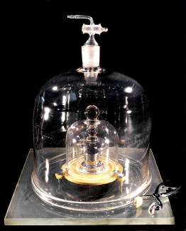 This photograph shows the standard kilogram mass in Sèvres, France.