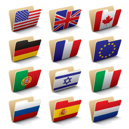This graphic displays twelve folders with world flags on the front of each one. The American, British, and Canadian folders are in the first row.