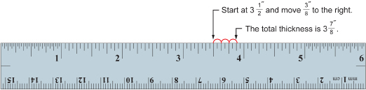 This image shows a ruler with an arrow starting at the 3½-in mark and moving three short lines to the right, to end at the 3 7/8-in mark.