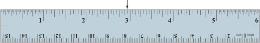 This image shows a six-inch ruler with an arrow positioned along the edge of the ruler to indicate a measure for you to read off the ruler.