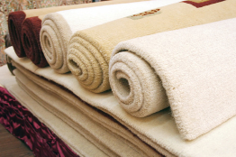 This photograph shows five rolls of carpet on display.