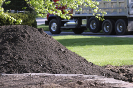 This photo shows a pile of topsoil on a lawn.