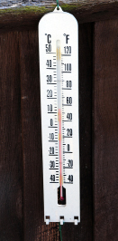 This is a photograph of a thermometer that shows both Celsius and Fahrenheit scales.