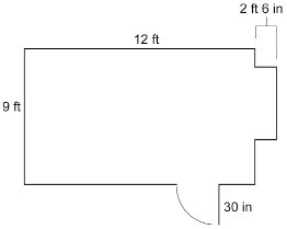 This image shows a floor plan for a guest room. The width of the room is 9 feet and the length is 12 feet. There is a jut on one of the 9-foot walls. The width of the jut is 2 feet 6 inches. There is also a 30-inch doorway on one of the long walls.