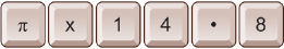 This graphic shows the sequence of calculator keystrokes used to solve pi times 14.8.