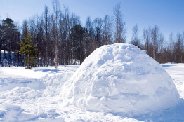 This photograph shows an igloo in a snowy landscape.