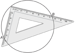 This graphic shows a square, from a geometry tool set, placed on a circle so that the vertex of the right angle is on the circle’s circumference.