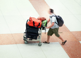 A photograph shows a passenger with luggage on a cart.