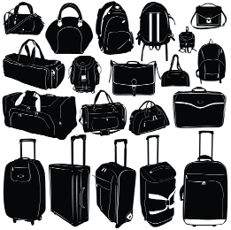 This graphic shows a variety of luggage, including suitcases and bags.