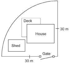 This is a sketch of one-quarter of a circular disk containing three squares that signify a house, a deck, and a shed.