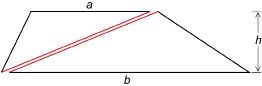 This illustration shows a trapezoid divided into two triangles with the triangles separated. The upper triangle has base length a and height h. The lower triangle has base length b and height h.