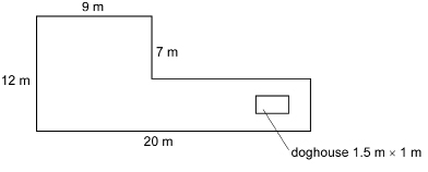 This illustration shows a composite shape with a doghouse cutout. The shape consists of two rectangles. One is 9 metres wide by 12 metres long. Both rectangles fit into a larger rectangle measuring 20 metres by 12 metres. The second rectangle’s width is 9 metres less than the larger rectangle; its length is 7 metres less than the larger rectangle. The doghouse measures 1.5 metres by 1 metre.