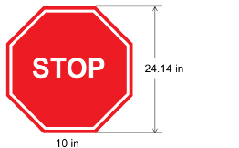 This illustration shows an octagonal stop sign with each side of the octagon measuring 10 inches. The total height of the stop sign is about 24.14 inches.