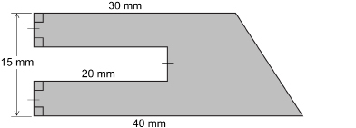 This illustration shows a composite shape. The total height is 15 millimetres. The top measurement is 30 millimetres. The bottom measure is 40 millimetres. There is a rectangular cutout 20 millimetres deep with a height one-third of the total height of the shape.
