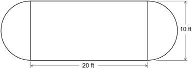 This illustration shows a backyard skating rink. It is composed of a rectangular length of 20 feet by a width of 10 feet with semicircular ends with a diameter of 10 feet.