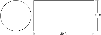 This illustration shows the backyard skating rink broken into its components. There is a circle with a radius of 10 feet and a rectangle 10 feet by 20 feet.