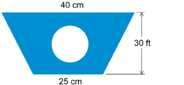 This illustration shows a trapezoid with a height of 30 centimetres and parallel bases of 25 centimetres and 40 centimetres. The trapezoid has a circular hole in the middle with a diameter of 16 centimetres.