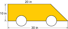 This illustration shows a coloured trapezoidal toy car. The coloured trapezoid is 10 inches high with parallel bases of 30 inches and 20 inches. There are two 6-inch diameter wheels with half of each wheel cut out from the coloured trapezoid.