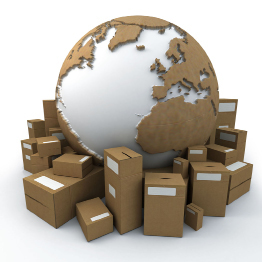 This photograph shows a white- and cardboard-coloured globe surrounded by cardboard boxes.