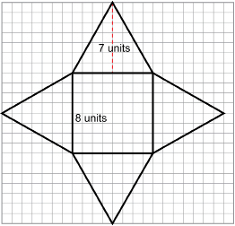 This illustration shows a net for a pyramid with a square base measuring 8 units on a side and triangular sides with a height of 7 units.