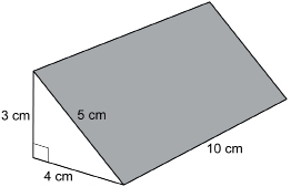 This illustration shows a triangular prism with a height of 3 centimetres, a width of 4 centimetres, and a length of 10 centimetres. The slant height of 5 centimetres is also shown.