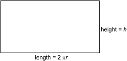 This illustration shows the rectangular part of a net for a cylinder. The width is labelled “height = h” and the length is labelled “length = 2πr.”