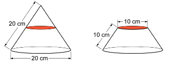 This illustration shows two objects. The left object is a cone with slant height of 20 centimetres and a base diameter of 20 centimetres. The right object is the result of cutting off the top part of the left cone. It leaves a truncated cone with a flat top of 10 centimetres in diameter.