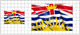 This is an image of the flag of British Columbia shown in two sizes. The original is on the left and is smaller than the enlarged version on the right. The flags are on a grid. The left flag covers a 4-by-6 area of the grid. The right flag covers an 8-by-12 area of the grid.