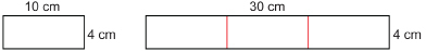 This illustration shows two rectangles. The rectangle on the left measures 10 centimetres by 4 centimetres. The rectangle on the right measures 30 centimetres by 4 centimetres. The right rectangle is divided into 3 smaller equal rectangles.