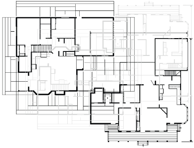 This graphic shows the blueprint, or technical drawing, of the floor plan of a house.