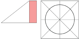The first illustration shows how to fold a sheet of paper to make a square by folding down one side. The excess paper is shaded. The second illustration shows a sheet of paper flattened after being folded into eighths. A circle is drawn with its centre at the meeting point of the three folds.