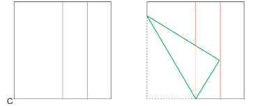 These illustrations show the flattened sheet of paper with creases at the half and three-quarter points. There is also an additional fold that takes the lower left corner and folds the paper so the corner is placed on the three-quarter line, and the fold starts on the half line.