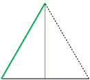 This illustration shows an equilateral triangle with one side green, the altitude red, and the right side dashed.