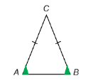 This illustration shows an isosceles triangle with equal sides AB and BC marked with single hatch marks. Angles A and B are marked with green triangles.