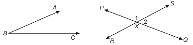 This is an illustration of an acute angle labelled ABC, which opens to the right, and an illustration of a pair of lines PQ and RS intersecting at point X.