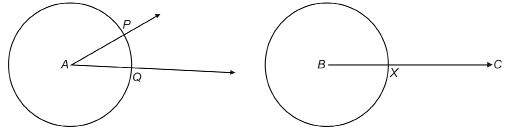 This illustration shows an acute angle labelled A that opens to the right, and a horizontal ray BC drawn to its right. Added to the angle is a circle with centre A, which intersects the arms of the angle at P and Q. A circle with the same radius is shown drawn on ray BC with centre at B. It intersects the ray at X.