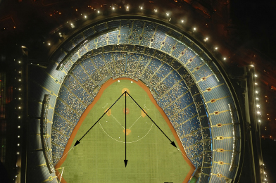 This is a photo of Rogers Centre in Toronto showing an angle formed by first base, home plate, and third base divided into two angles of the same size. The common side of the two angles runs through second base.
