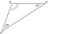 This illustration shows triangle PQR. Angle P is 38 degrees and angle R is 33 degrees.