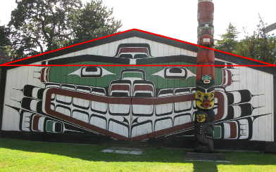 This is a photograph of a Kwakwaka’wakw “big house” located in Thunderbird Park in Victoria, BC. An overlay shows how the roof lines make up the sides of an isosceles triangle.