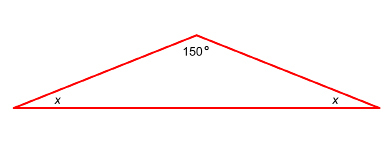 This illustration shows an equilateral triangle with two angles of size x and one angle of size 150 degrees.
