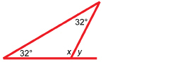 This illustration shows the same shape as the overlay in the previous diagram. Added are the measures of the top and left angle, which are each 32 degrees. At the lower right, the angles are labelled x (inside the triangle) and y (outside the triangle).