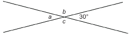 This illustration shows two intersecting line segments. The angles are labelled. The top angle is labelled b, while clockwise from the top the angles are 30 degrees, c, and a.